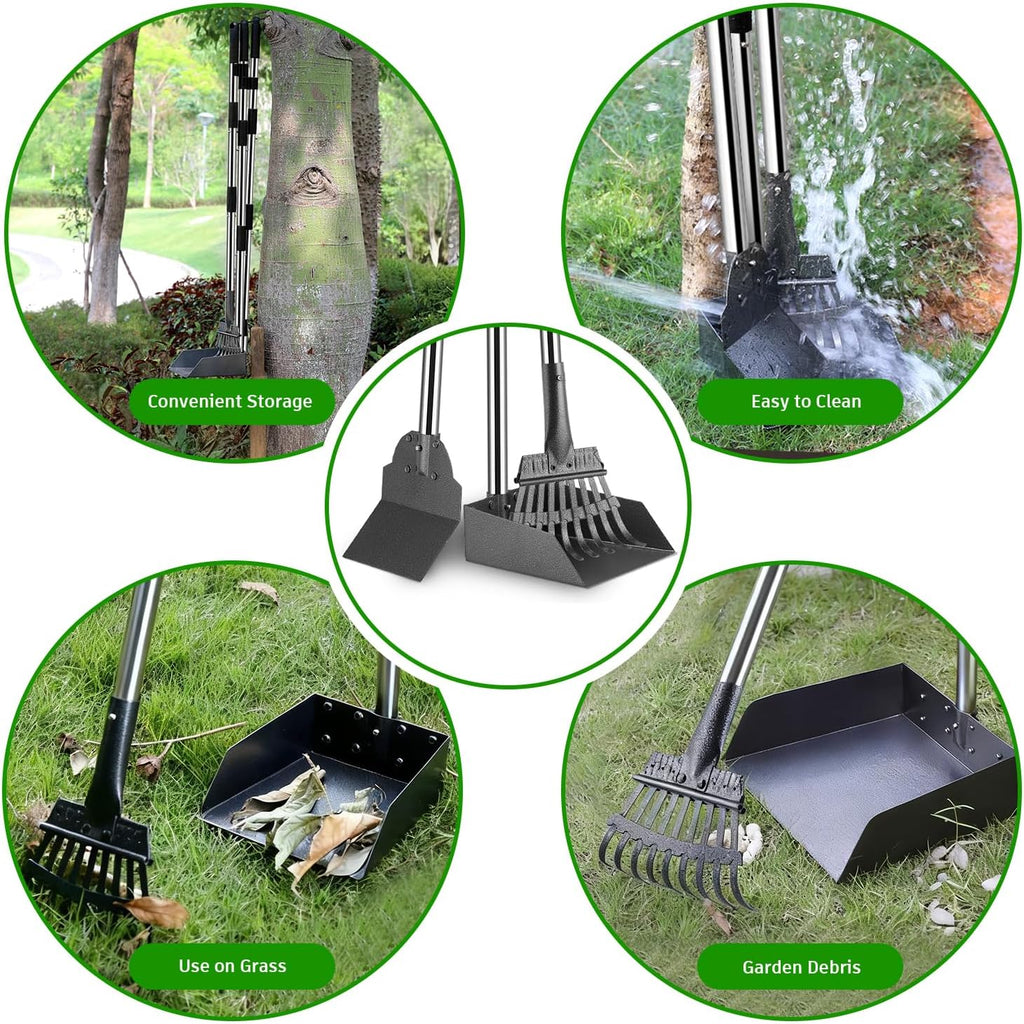 Pooper Scooper, Long Handle Dog Poop Scooper for Medium Small Dogs | Heavy Duty, Pet Supplies Metal Tray Rake Spade, Stainless Steel, Rust-Resistant,37"+ Handle No Bend, Use on Grass Dirt Gravel