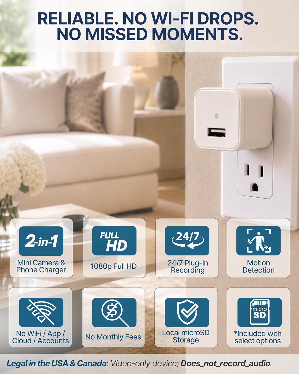 1080p Dome Cam, Motion Detection, microSD Slot, Easy Setup, App-Free, No Live View-Data Protected, Video-Only - Plug-in Premium Reliable Pet Camera for Pet Nanny Use, with 64GB Card