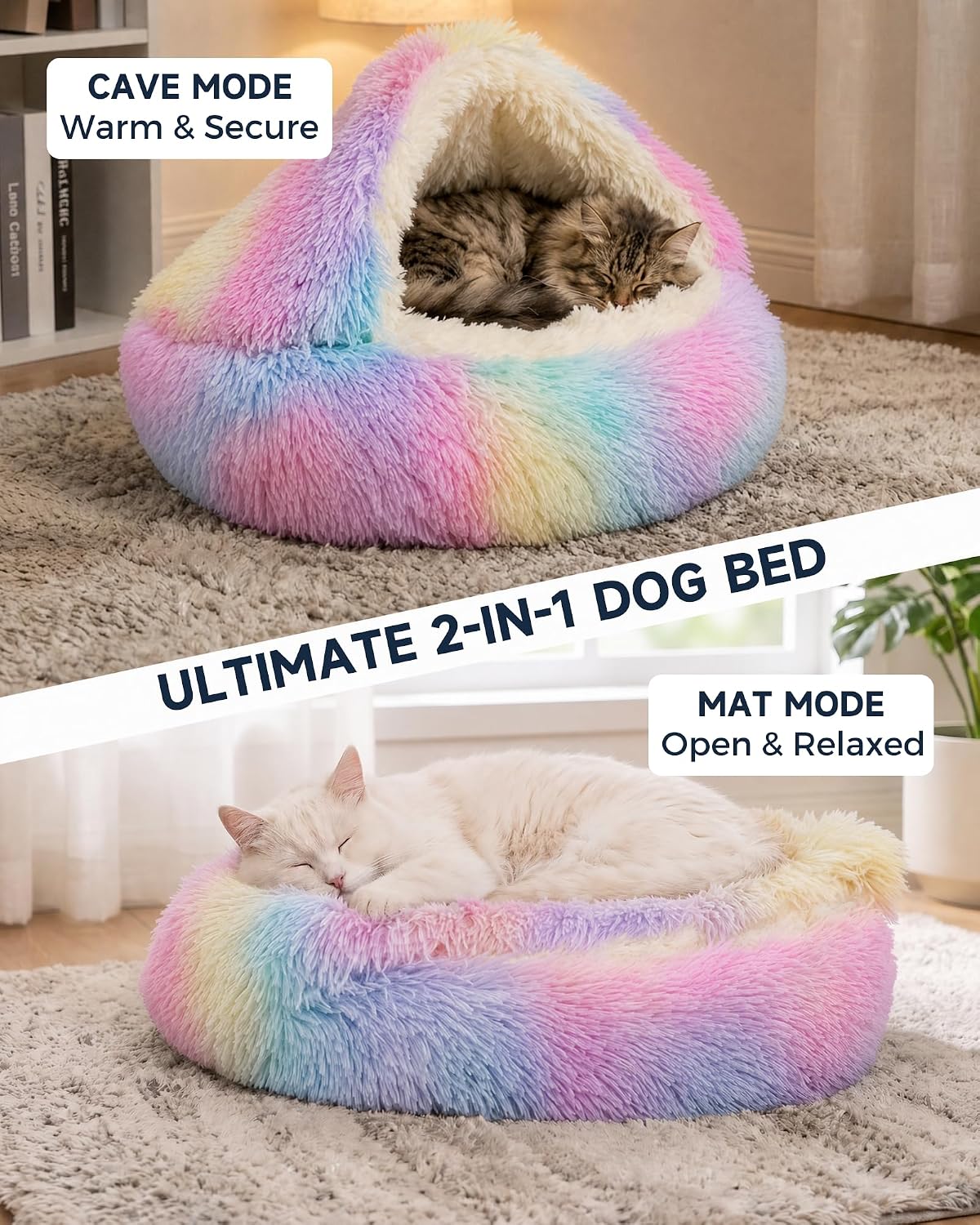 ShinHye Cat Bed Round Plush Fluffy Hooded Cave, 23×23inch, Multicolor