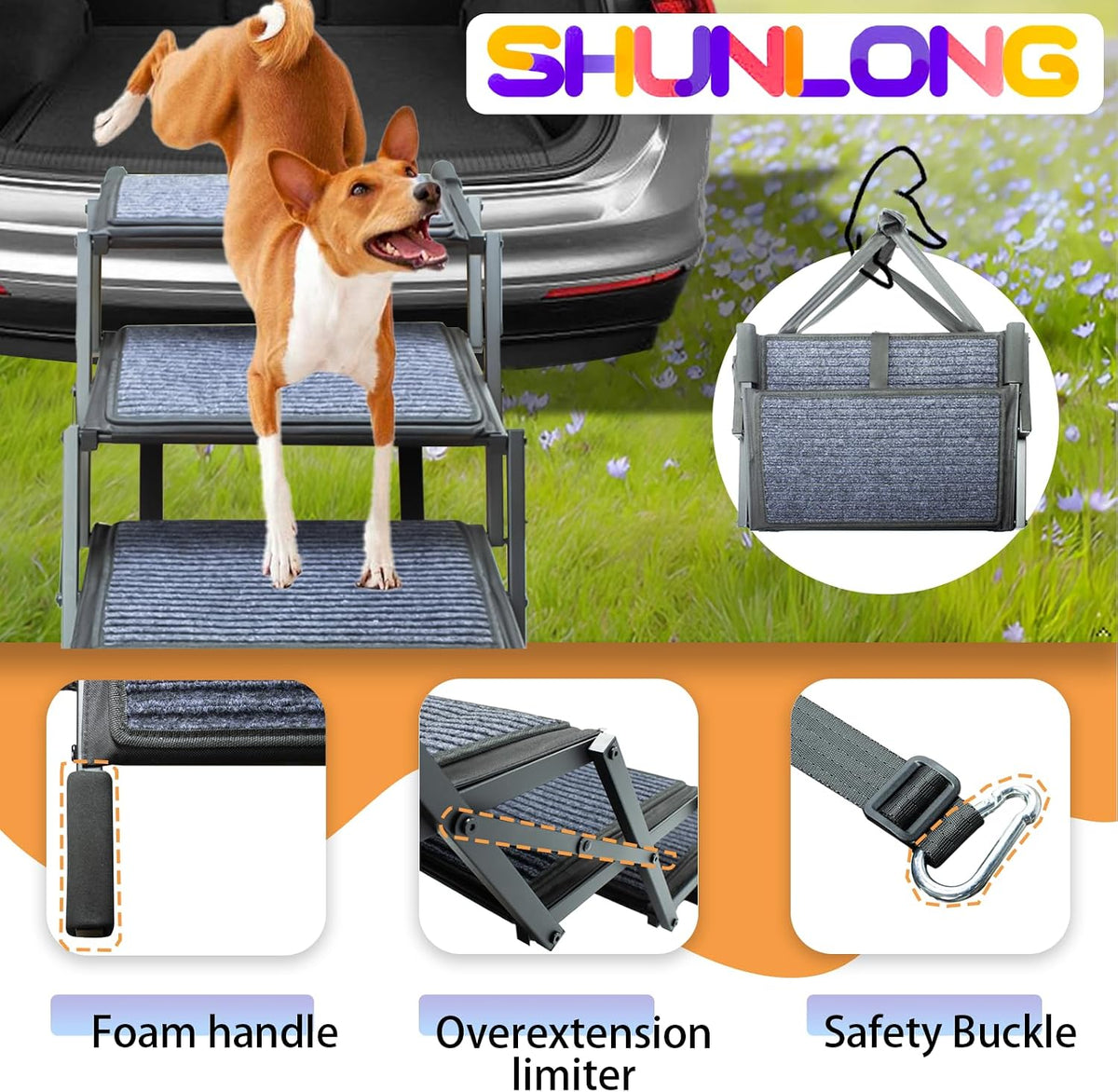Dog Ramp for Car Truck and SUV Dog Stairs for Large Dogs Folding Pet Stairs with Non-Slip Rug Surface Supports Up to 250 lbs (5 Steps)