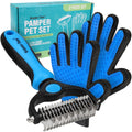 Maxpower Planet Pet Grooming Brush and 2X Grooming Gloves Combo - Double Sided Dematting, Deshedding Undercoat Rake for Dogs and Cats - Reduce Shedding Easily - Blue
