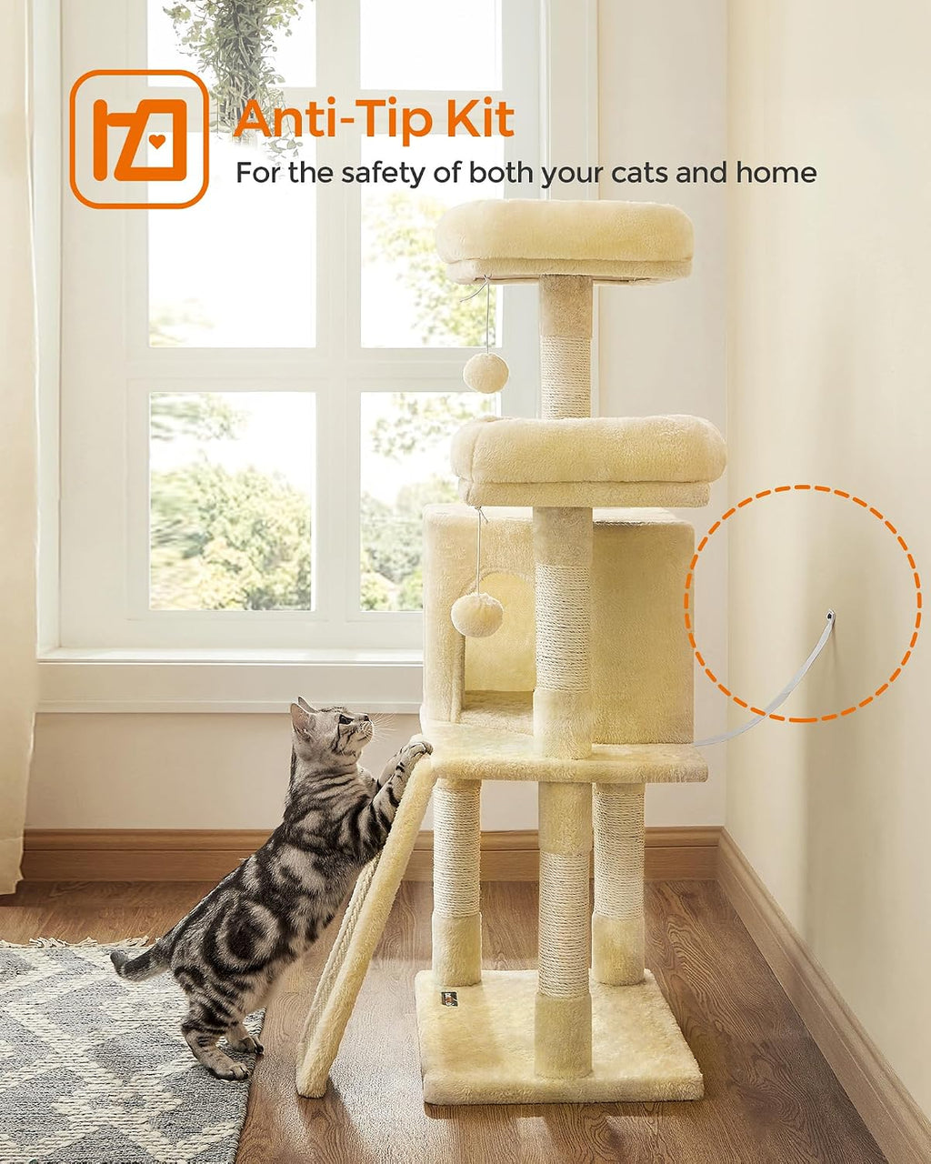 Feandrea Cat Tree, 45.3-Inch Cute Cat Tower, Plush Climbing Condo, Beige
