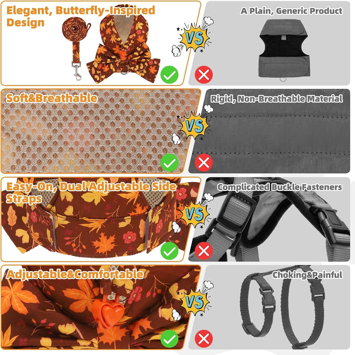KOOLTAIL Fall Dog Harness and Leash Set for Small Medium Dogs Cats,Thanksgiving Cute Puppy Vest Harnesses with Bowtie, Step in No Pull Soft Mesh Padded Adjustable Harness for Extra-Samll Pet Boy Girl