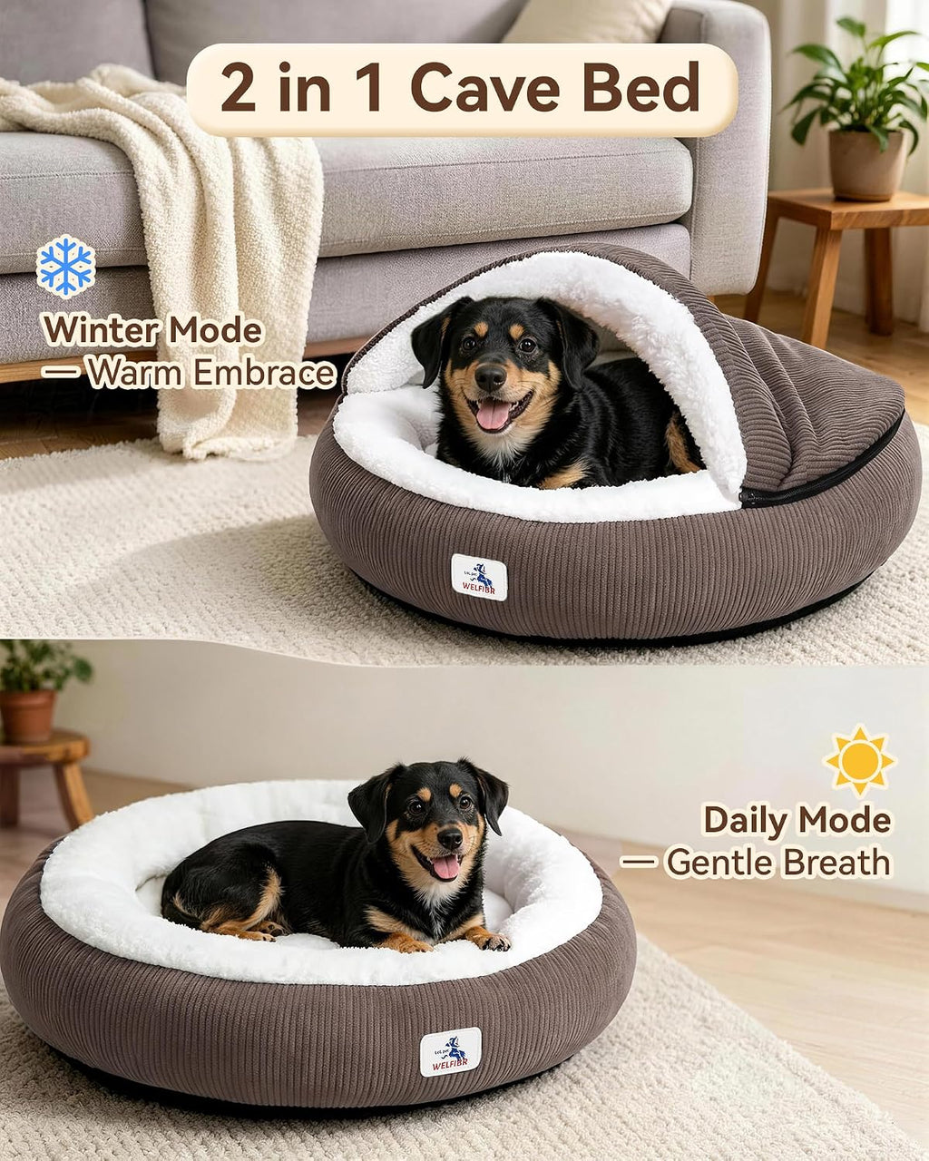 Calming Cozy Dog Cave Cover Bed, Burrow Small Doggy Anti Anxiety