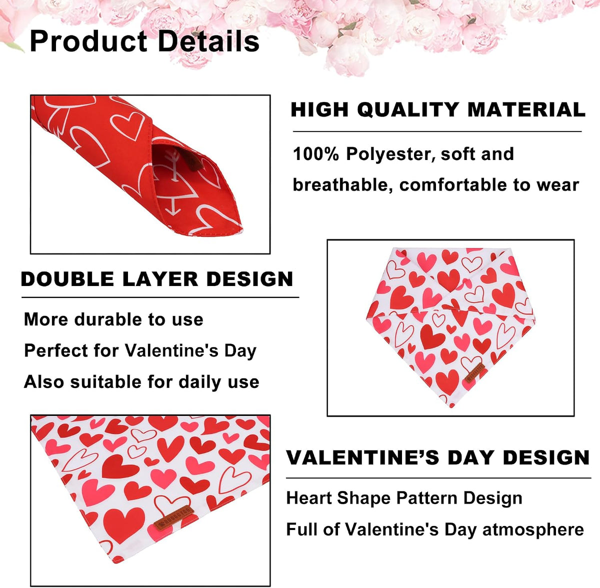 ADOGGYGO Valentine Dog Bandanas, Red Pink Heart Pet Scarf, Multi Size Offered, White Red Valentine Bandana for Small Dogs (Small)