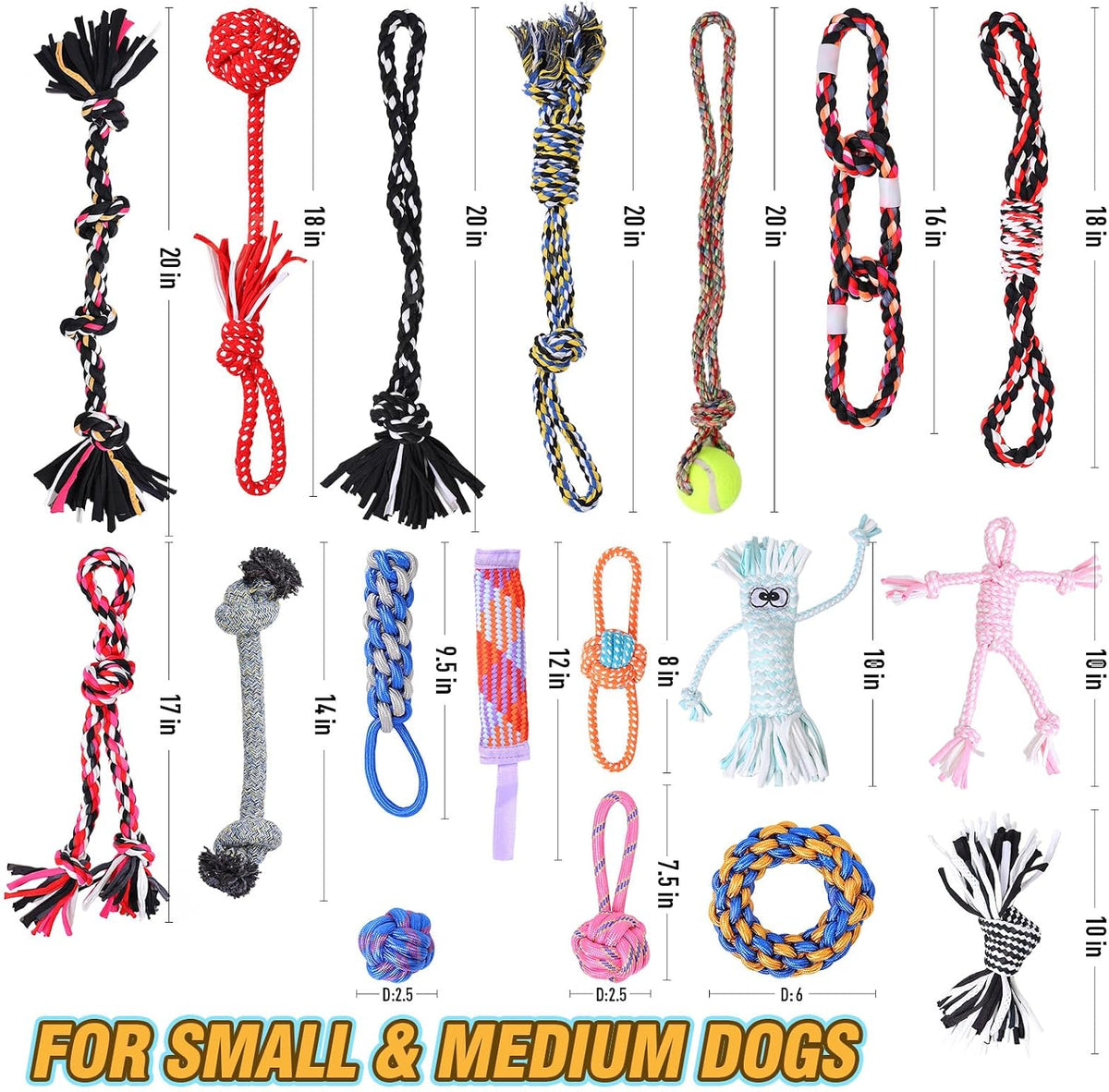Dog Rope Toys for Small-Medium Dogs. 18 Pack for Teeth Cleaning, Chewing, Training Balls and Squeaky Toys. Best for Entertainment, Interaction,Tug of War Indoor and Outdoor.