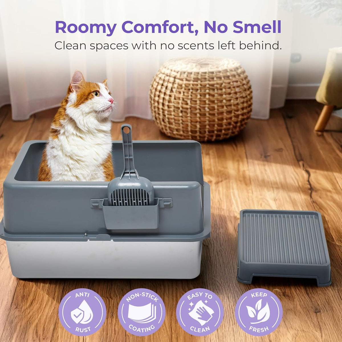 iPrimio Stainless Steel Cat Litter Box, XL Set with Scooper and Litter Mat | Complete XL steel setup with enclosure, step scoop and elevated mat. Scratch proof and bite proof, so it lasts for years.