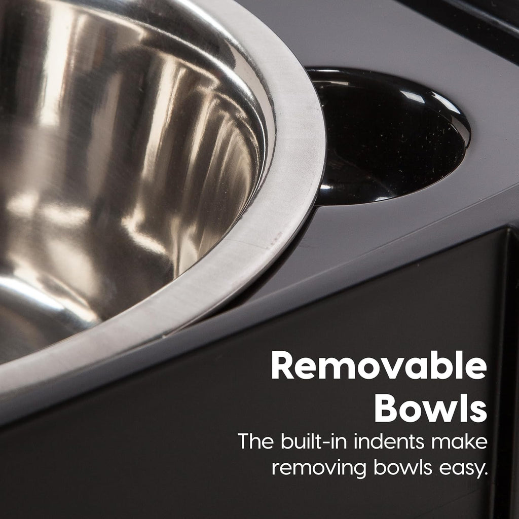 IRIS USA Elevated Dog Bowls 9" H, up to 13 lb Storage, Black, Made in USA | Comes with 2 Stainless Steel Bowls (32 oz), Elevated Feeder, Reduce Strain, Perfect for Camping & Outdoors 