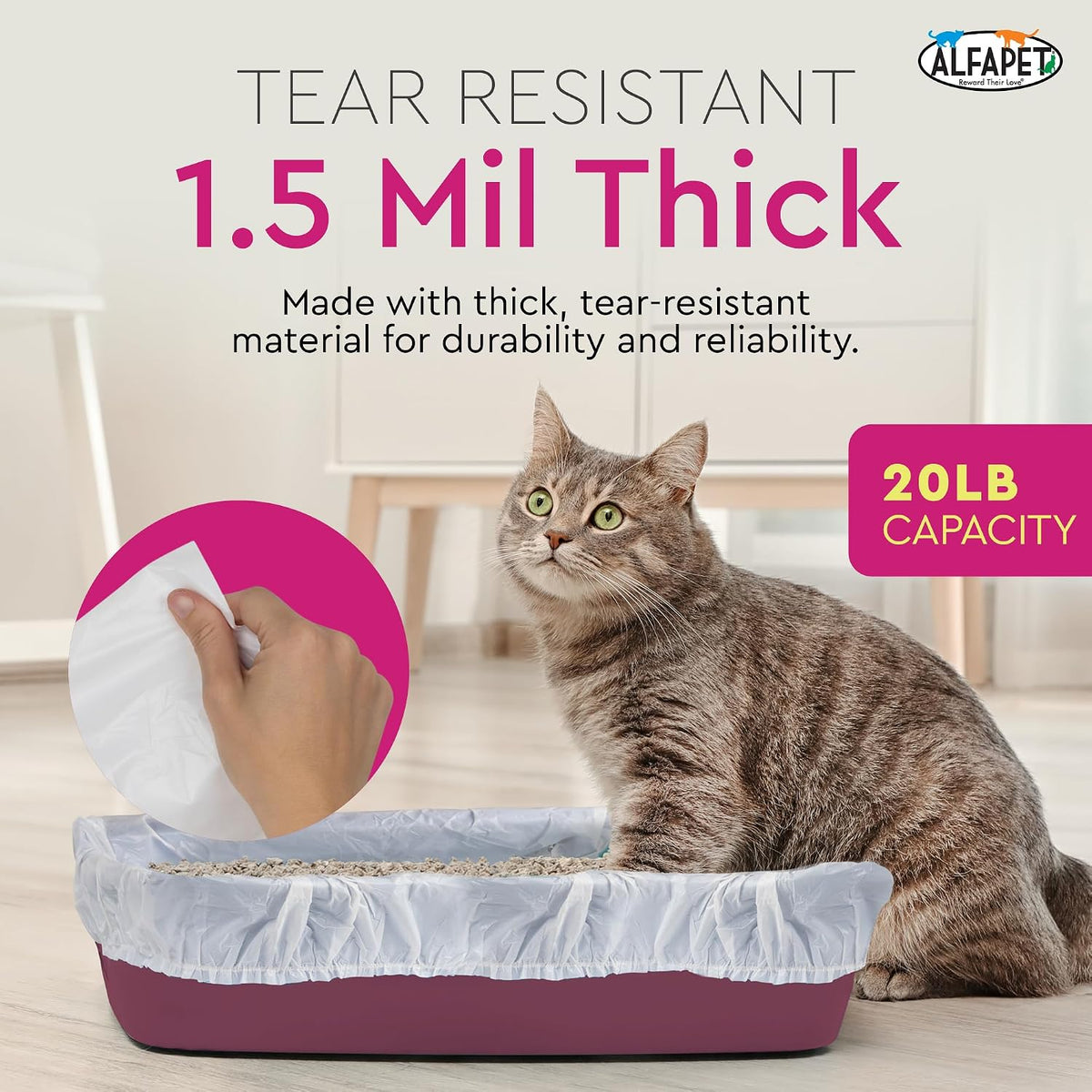Alfapet Elastic Cat Litter Box Liners - Extra Giant 10 Count - Tear-Resistant Cat Litter Bags - Waterproof Kitty Litter Liners - Fits Litter box Pan Sizes XL, Giant, X-Giant, 37" x 18", 20 lb Capacity
