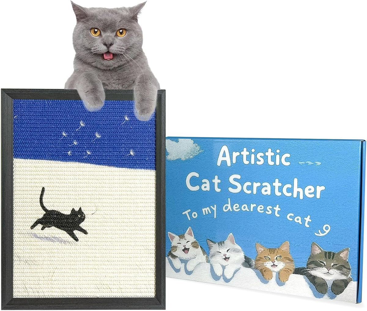 Decorative Wall Art Cat Scratcher for Indoor Cats, Wall Mounted Sisal Cat Scratching Board with Solid Wood Frame, Furniture Protector, Easy No-Drill Install, 17 x 13 in