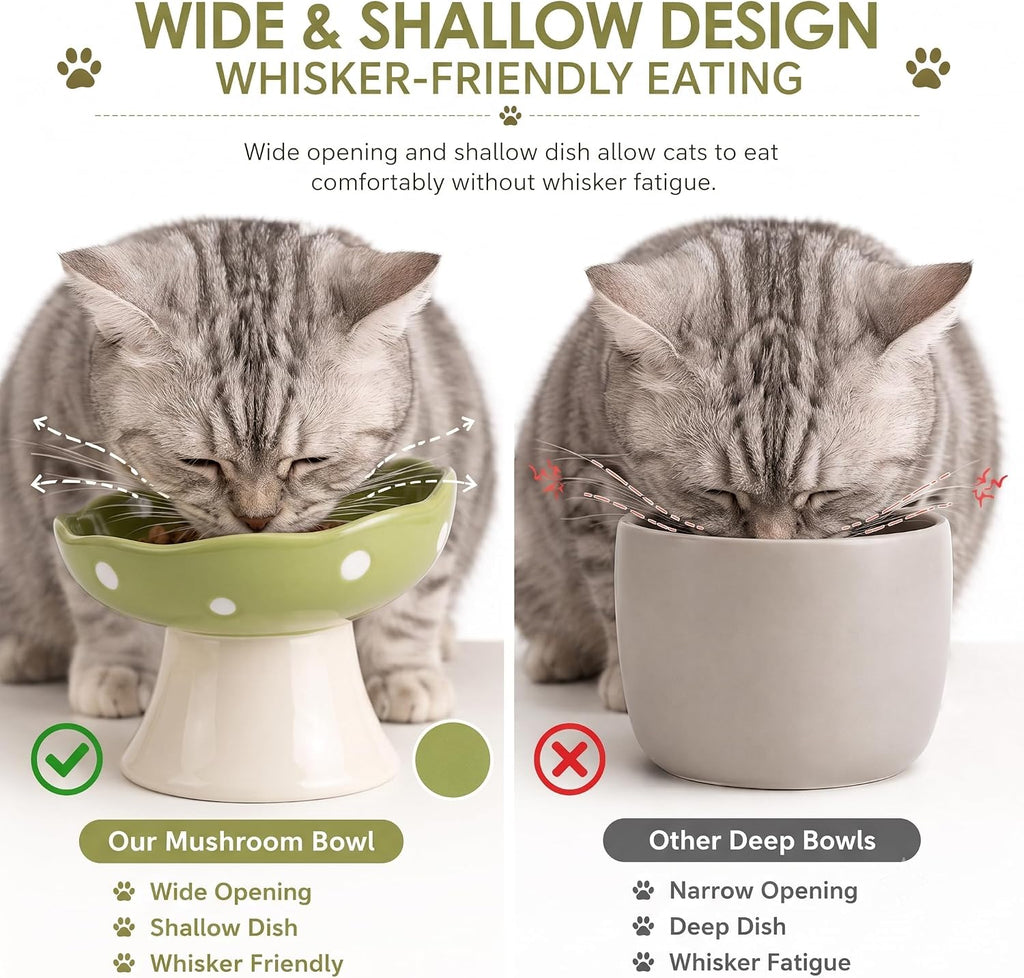 Mushroom Cat Bowl, Elevated Ceramic Cat Bowl, Avocado Green | Cute Mushroom Design • Avocado Green • Elevated Feeding • Whisker Friendly • Smooth Ceramic
