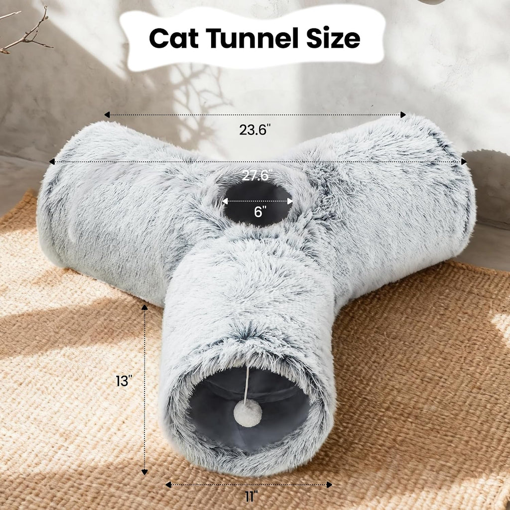Tempcore Plush Cat Tunnel, 3-Way Collapsible Toy for Indoor Cats, Grey | Plush Fabric Creates a Soft Play Space for Cats, with 3-Way Tunnels, Peek Holes, Hanging Ball and Teaser Wand for Interaction