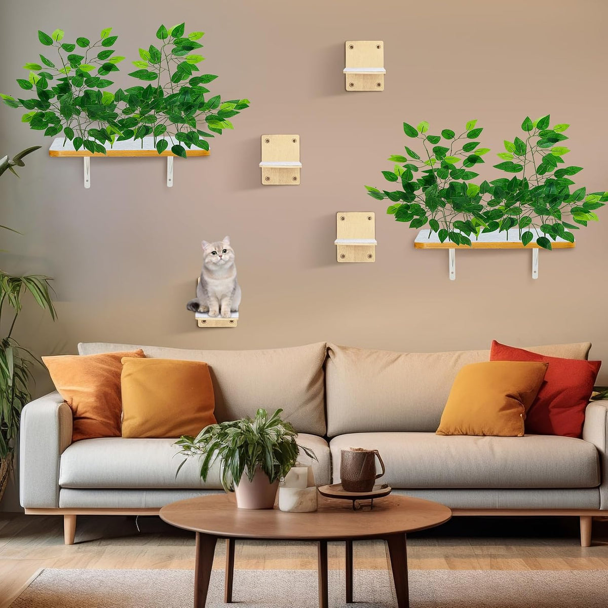 Gemscream 2 Pieces Cat Wall Shelves with 4 Steps Wall Mounted Cat Shelves and Perches Cat Furniture for Cats Kitten Kitty Indoor Living Room Climbing Scratching Playing and Relaxing Playground