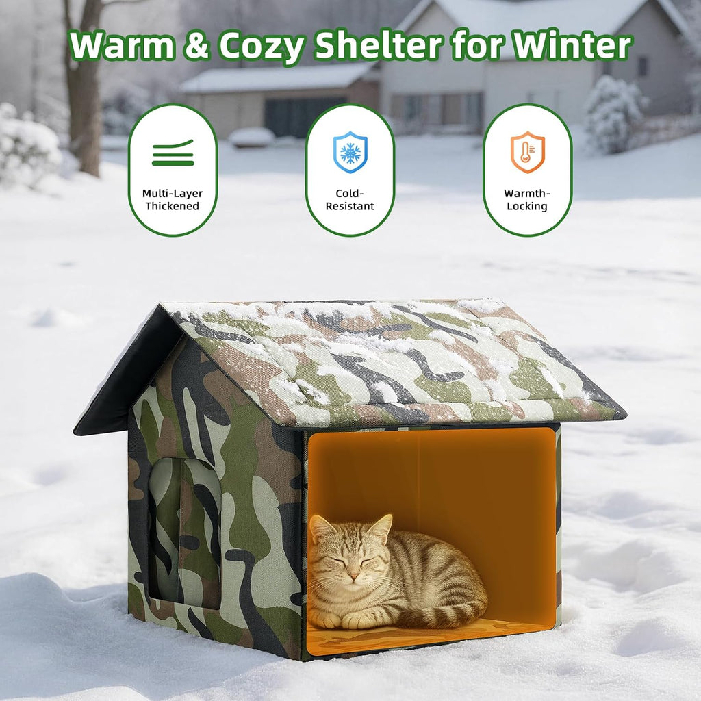 Cat House for Outdoor Cats, Weatherproof Feral Cat House with Mat and Doors, Easy to Put Together, Collapsible Warm Pet Nest Kitty Shelter for Winter, Never Blow Away