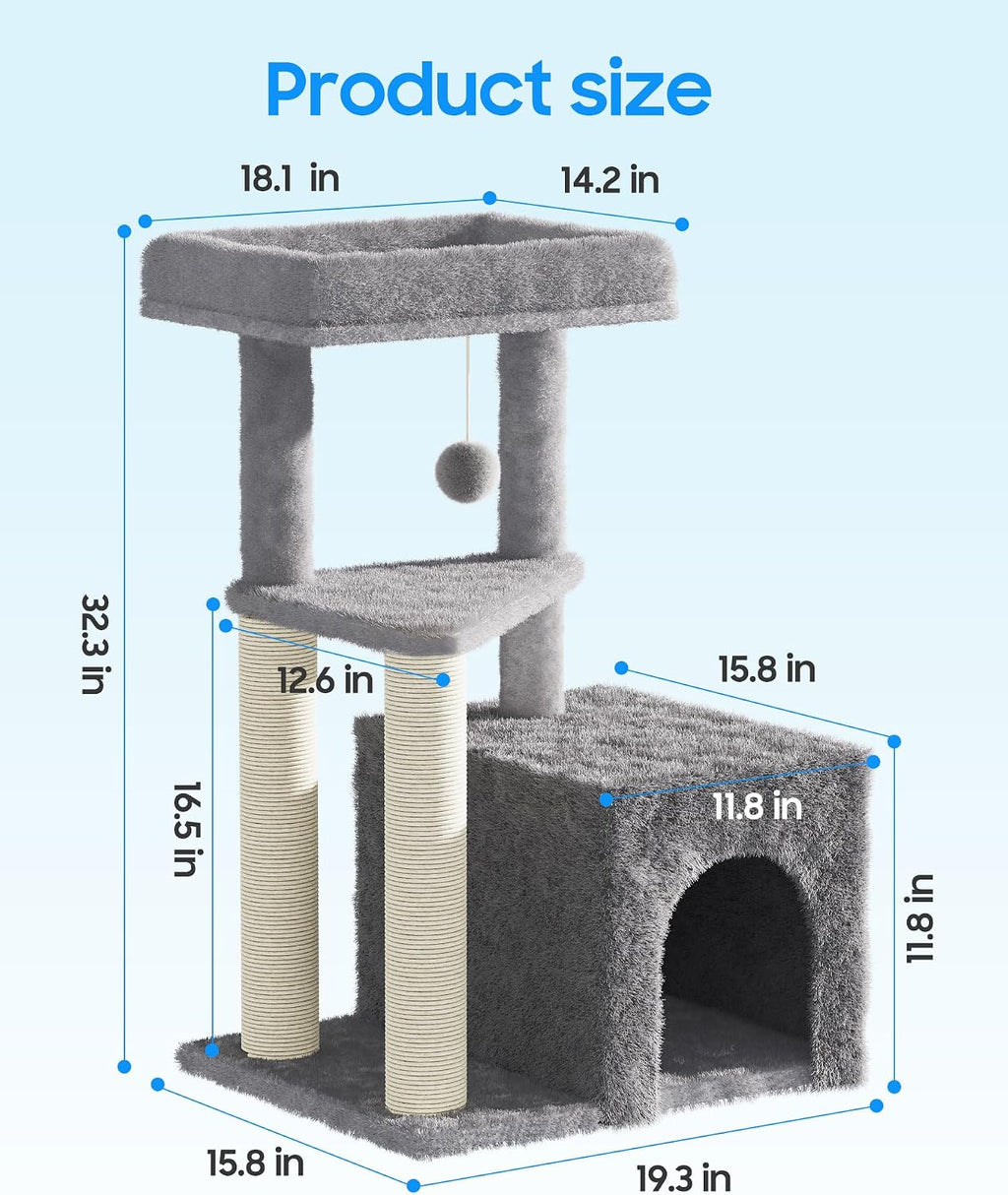 Cat Tree Tower for Indoor Cats, 33 Inches Multi-Level Cat Condo with Scratching Posts, Large Perch, Hanging Toy for Large Adult Cats, Gray