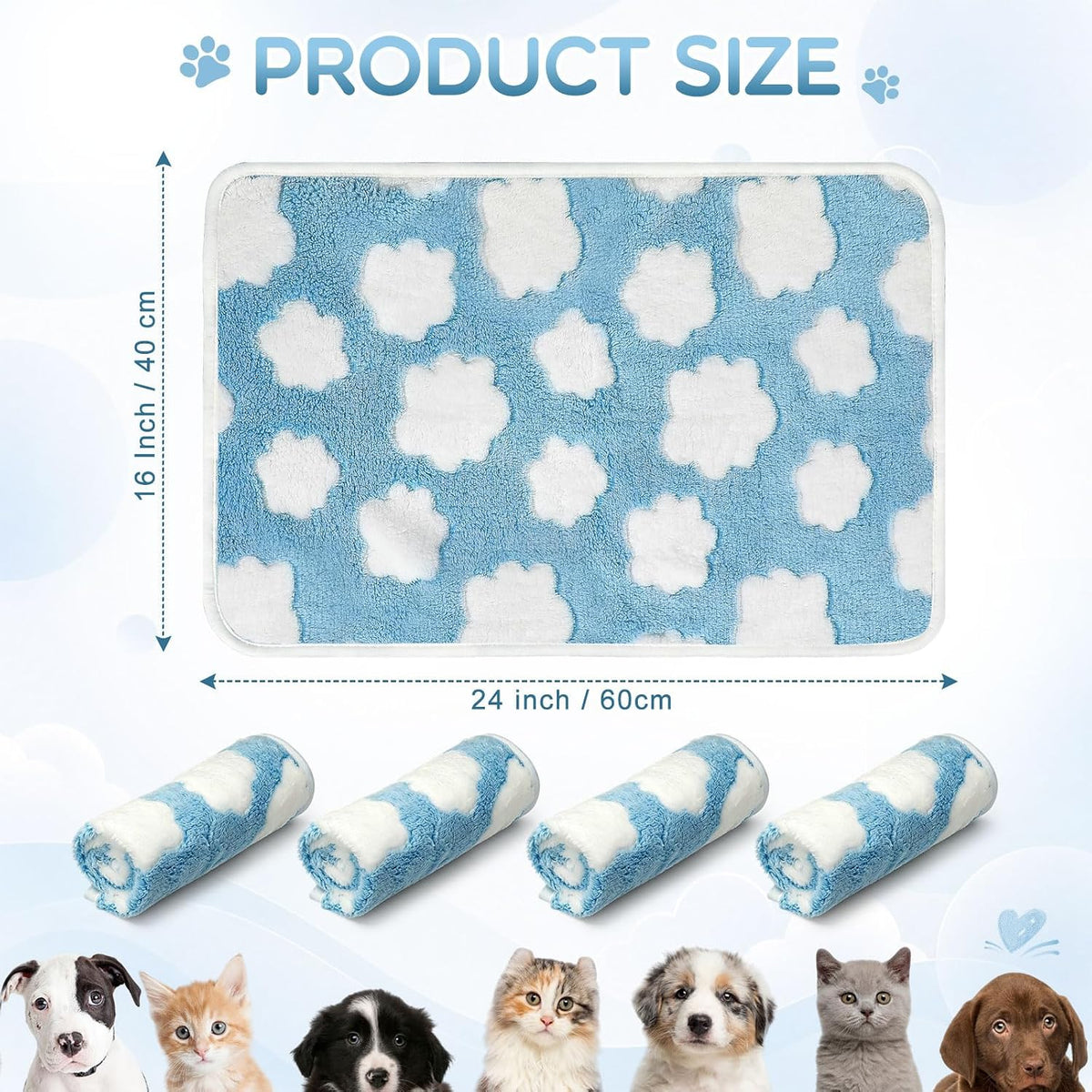 Tatuo 4 Pcs Fleece Dog Blankets for Puppy Cat, Sky Blue, 24 x 16 in, Cloud