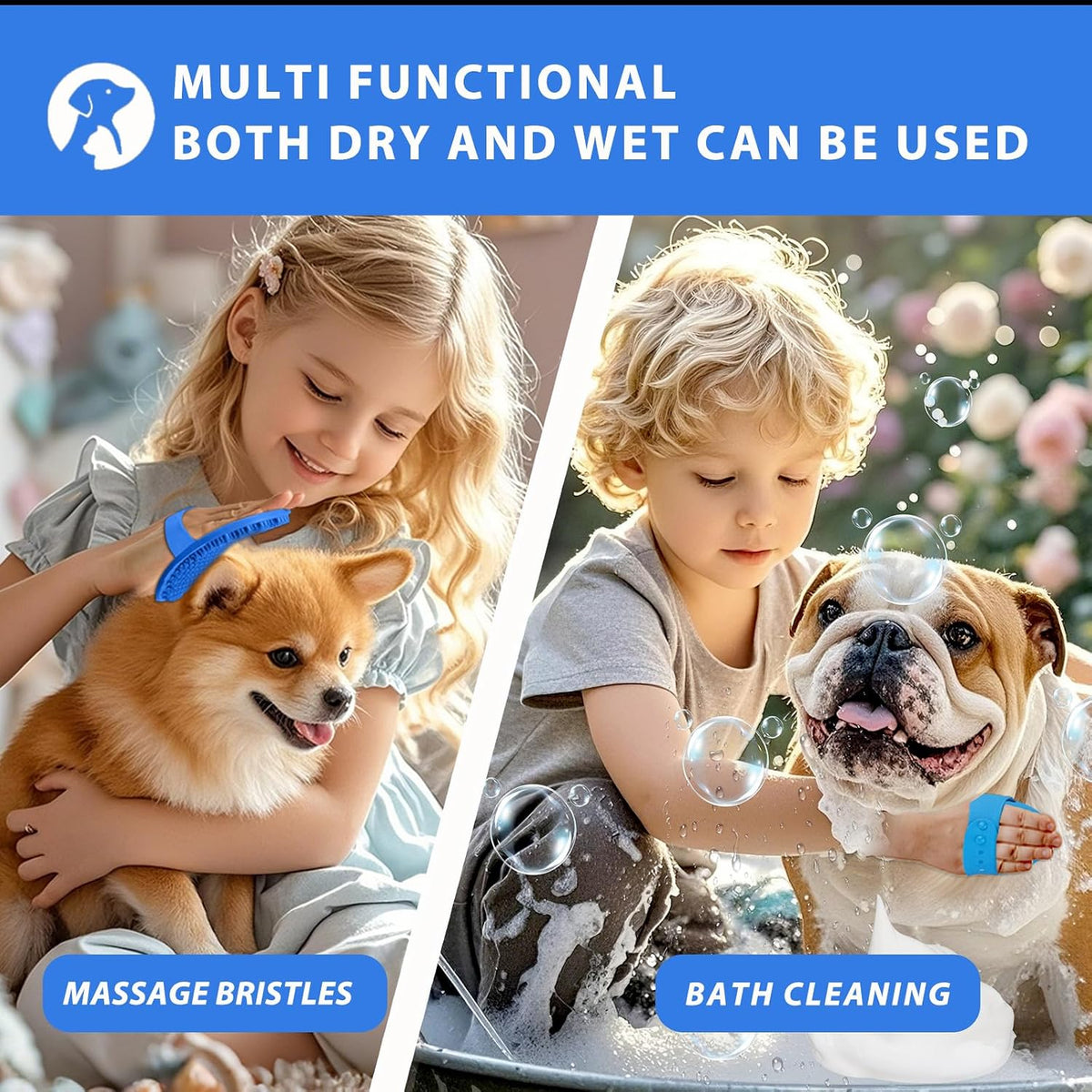 NVNAN Pet Shampoo Brush and Massage Bath Brush | Adjustable silicone shampoo brush for dogs and cats, ideal for bathing, shower scrubbing, massage, and loose hair removal