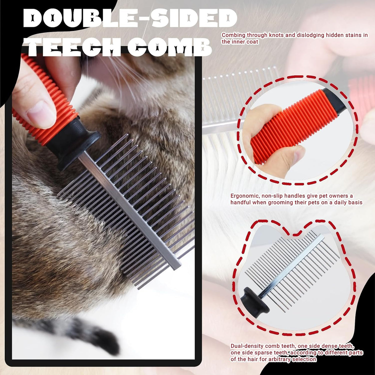 3-Pack Long-Tooth Pet Brush Set - Dog Rake Brush & Steel Shedding Comb & Double-Sided Teech Comb for Double Coat Large Dogs, Horses