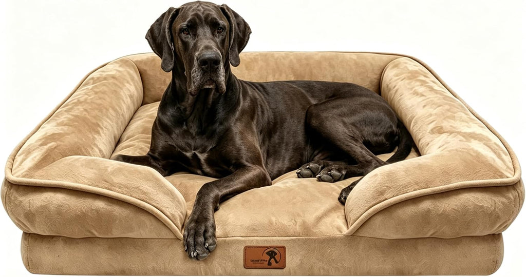 Spotted Play Orthopedic Dog Bed with Sides - Sofa Beds for Extra Large Dogs, Supportive Foam Pet Couch Bed with Washable Removable Cover, Waterproof Lining and Non-Slip Bottom, Brown - XXL