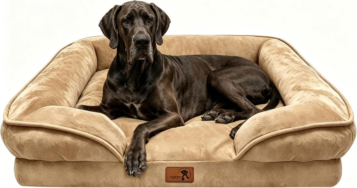 Spotted Play Orthopedic Dog Bed with Sides - Sofa Beds for Extra Large Dogs, Supportive Foam Pet Couch Bed with Washable Removable Cover, Waterproof Lining and Non-Slip Bottom, Brown - XXL