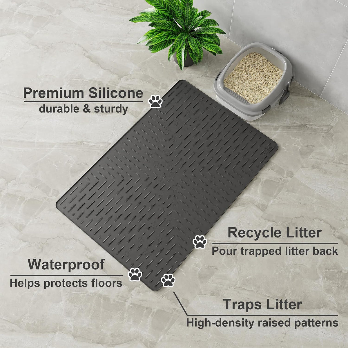 OHMO XXL Cat Litter Mat, 37.5x25.2 Black, Premium Silicone Rubber, Waterproof & BPA-Free, Traps Litter, Easy to Clean, Keeps Floors Tidy