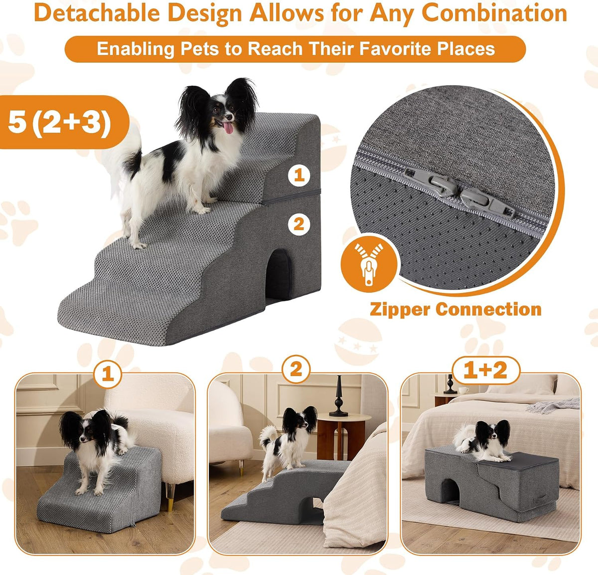 Ahpmeoa Dog Stairs for Bed 23'' H, 5-Step Dog Steps for High Bed, Grey