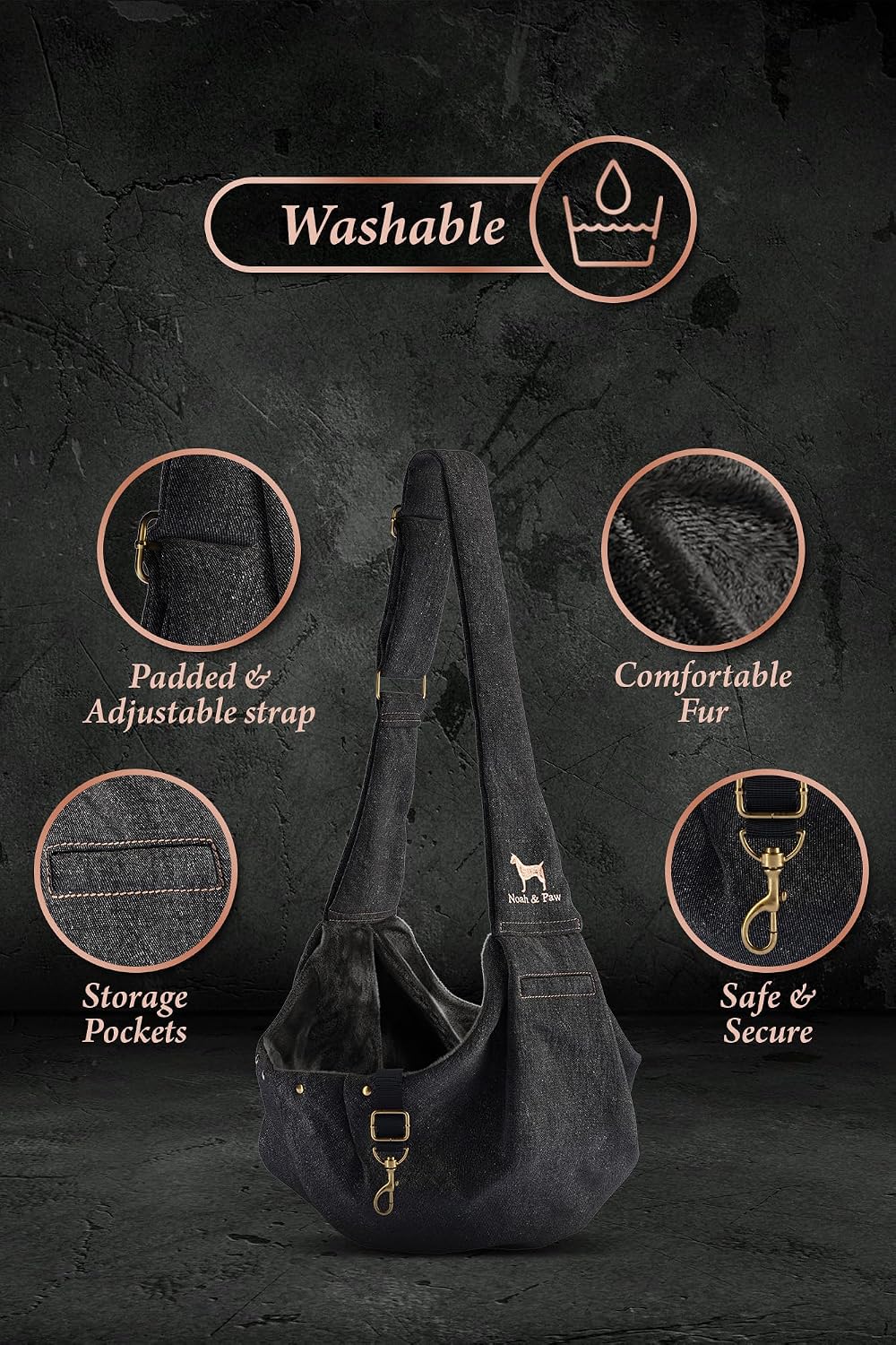 Noah & Paw Dog Sling Carrier for Small Dogs 3-10lb, Dog Sling for Small Dogs and Cats, Dog Carrier with Adjustable Padded Strap, Premium Denim, Lined with Fur, Double Safety Feature, Machine Washable