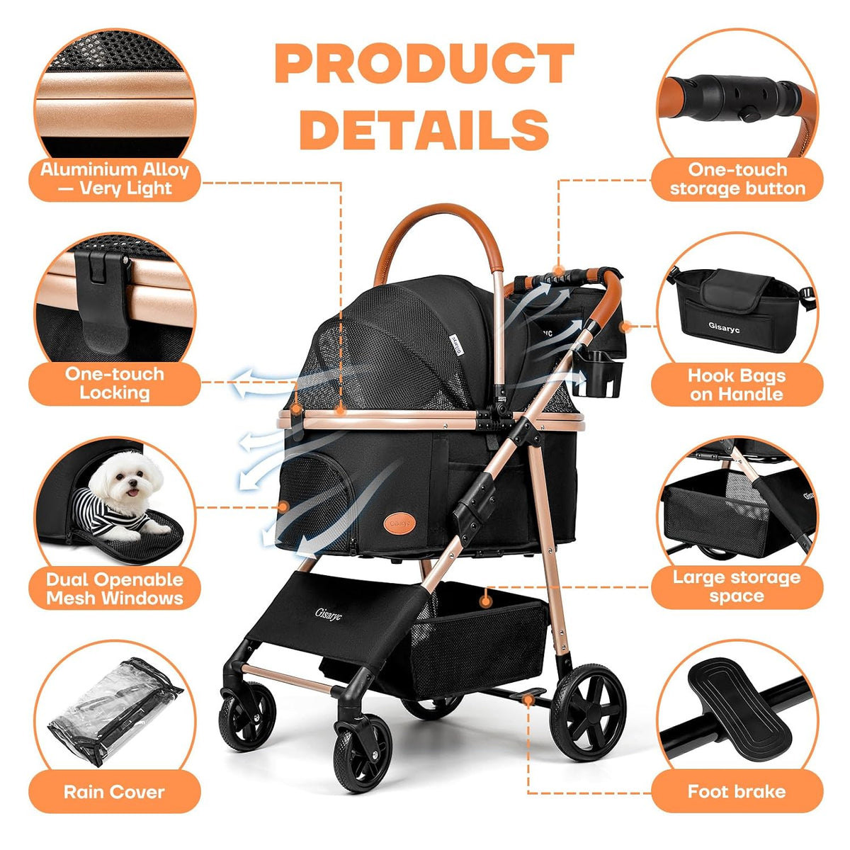 Dog Cat Stroller for Small/Medium Pets, 50 lbs, 3-in-1 Pet Stroller, Black