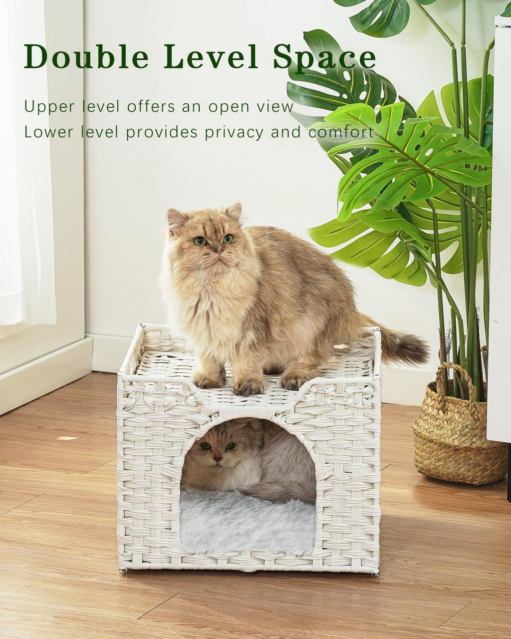 SETVSON Cat Beds Indoor Kitten House, Handwoven Rattan Cave, White