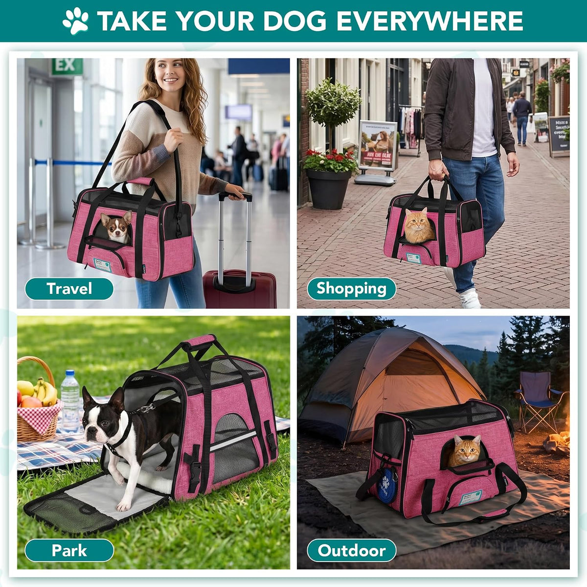 PetAmi Airline Approved Pet Carrier for Cats Small Dogs, Large Heather Pink