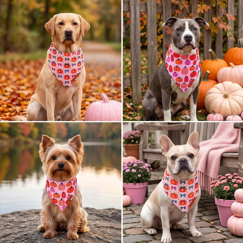 ADOGGYGO Fall Dog Bandanas Girl, Pink Bow Pumpkin Thanksgiving Bandana, L