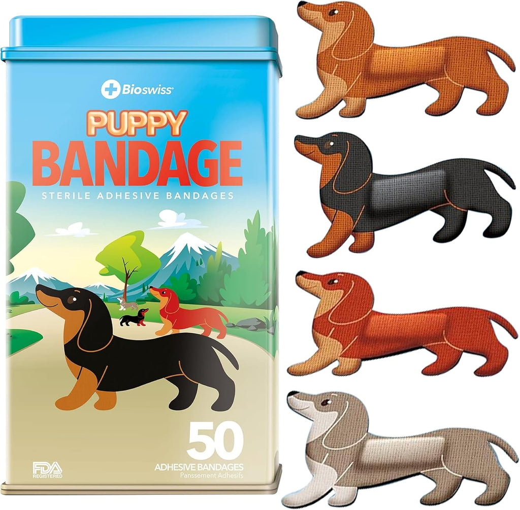 BioSwiss Bandages, Puppy Shaped Self Adhesive Bandage Set, Latex Free, Sterile Wound Care, 50 Count