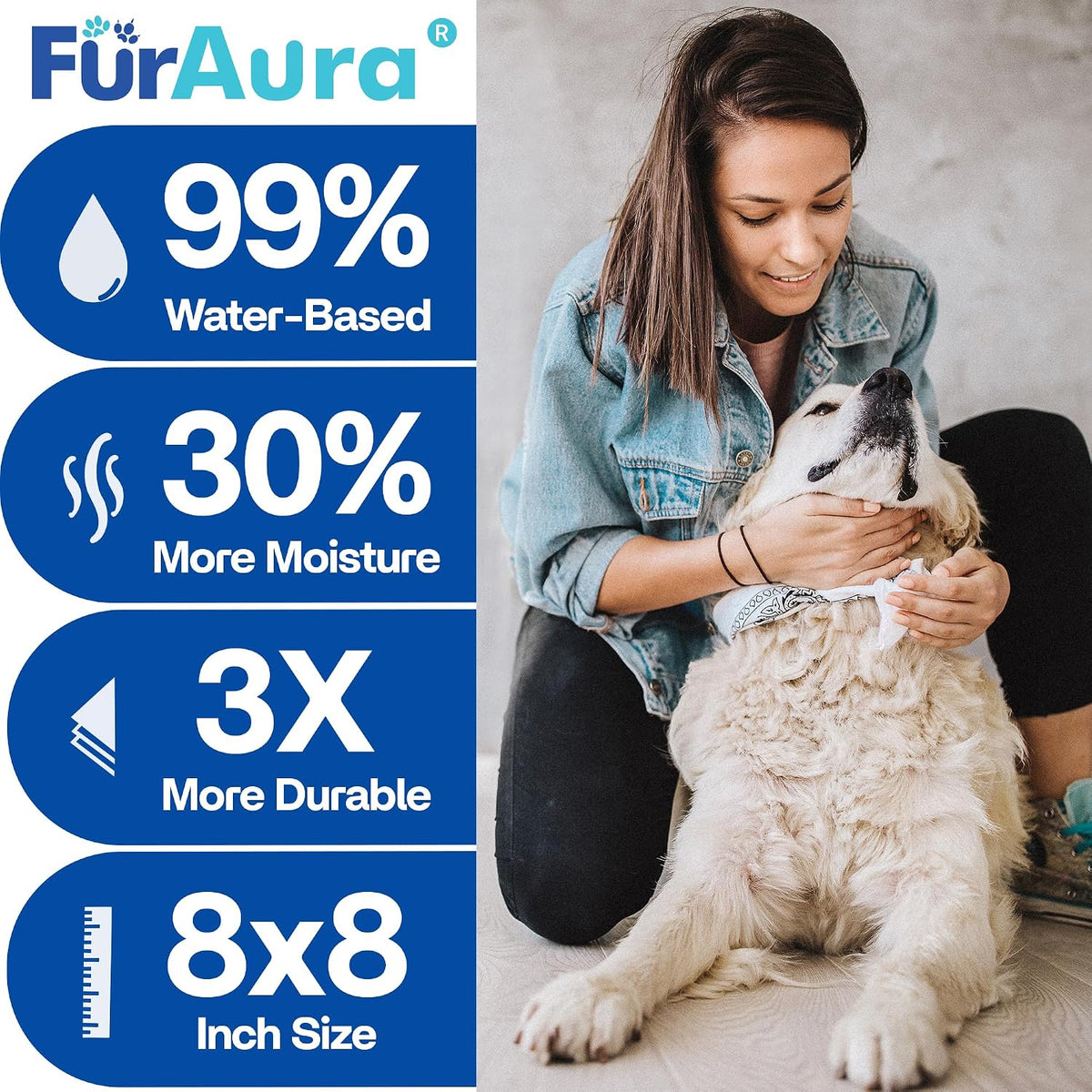 99% Water Dog Wipes for Sensitive Skin, Unscented, 8 x 8 Inch
