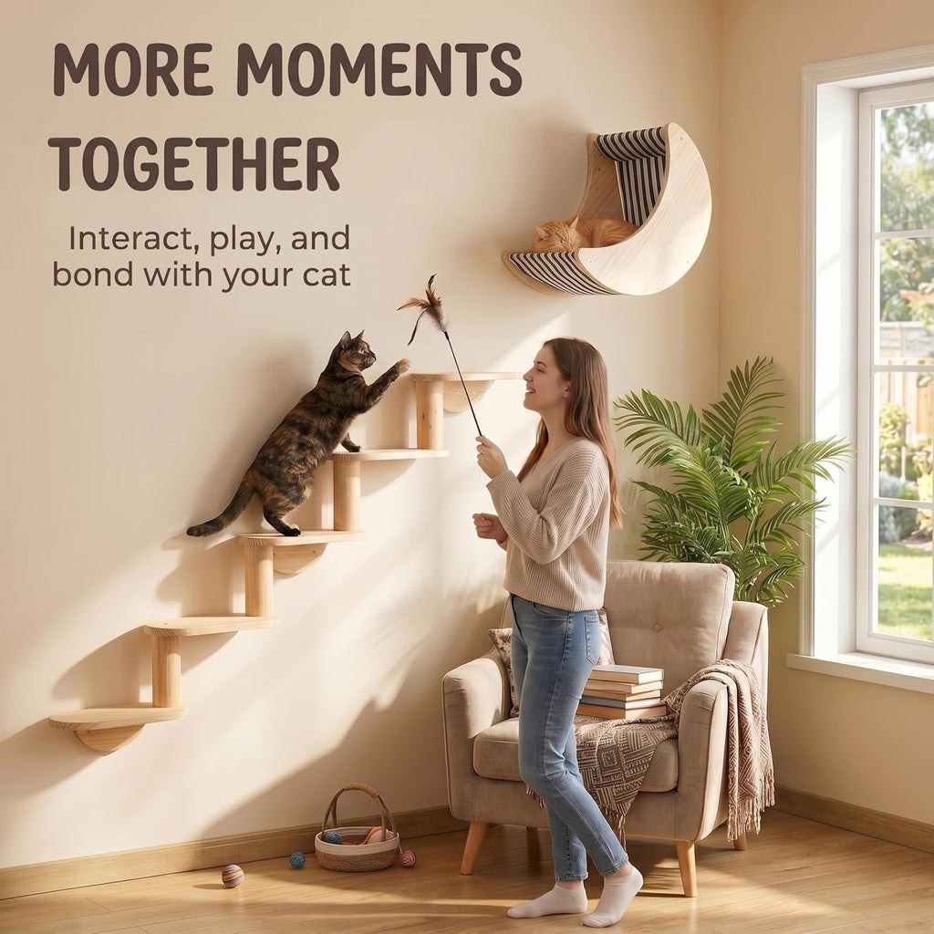 Cat Wall Shelves, Solid Wood Moon Bed, 5-Step Stairs for Vertical Climbing