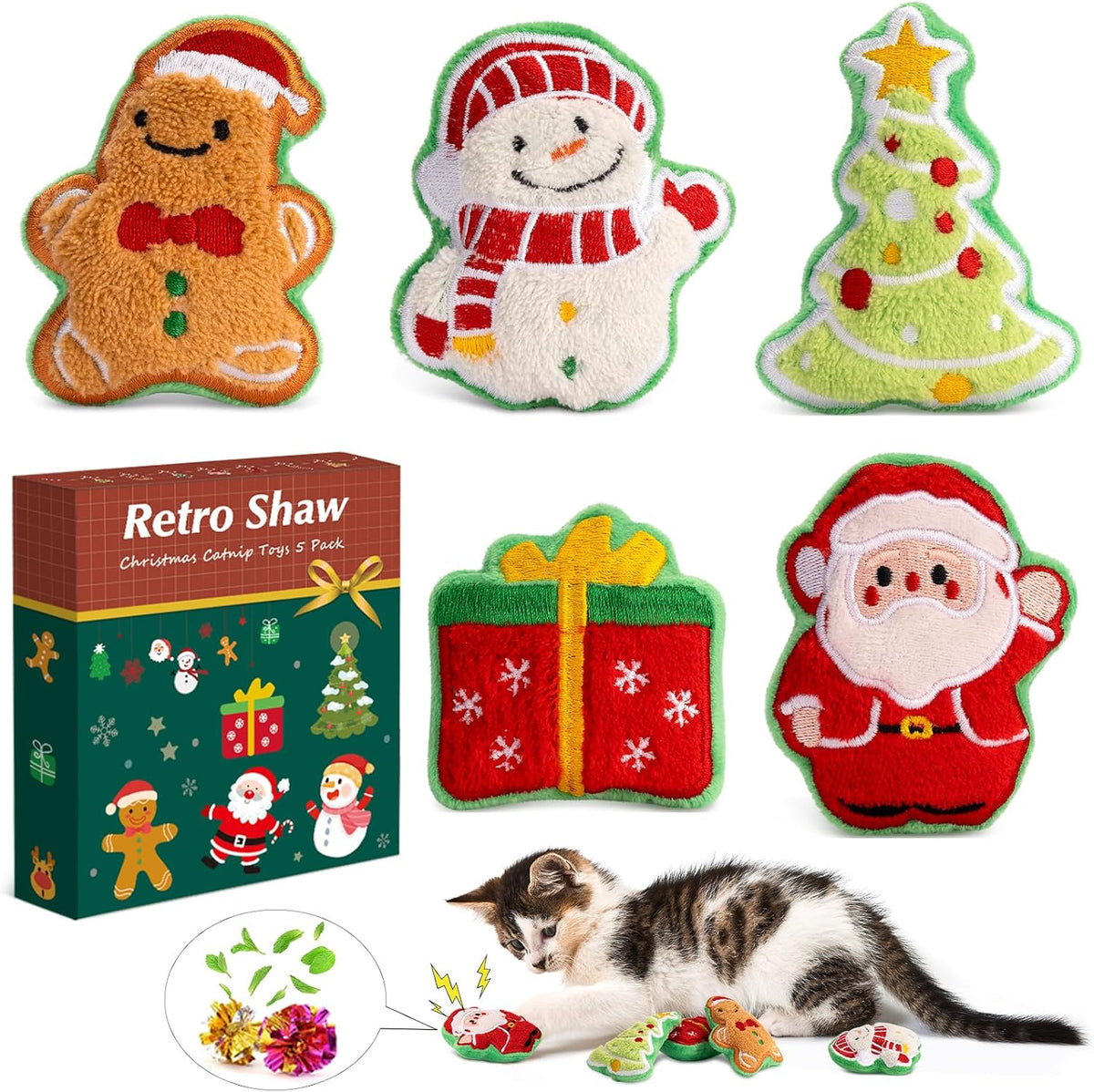 Retro Shaw Catnip Cat Toys Christmas, Cute Santa Claus Xmas Trees Snowman