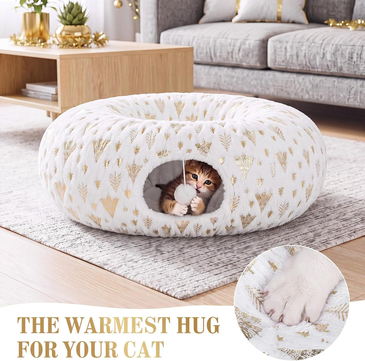 Christmas Tree Cat Tunnel 36 in Donut Bed, White, Polyester, Gold Foiling