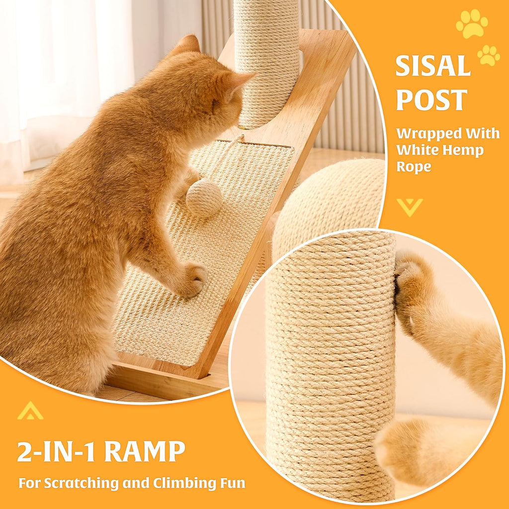 HITTITE Solid Wood Cat Tree Tower with Scratching Post, 36.6 Inches Tall Cat Towers with Scratching Board and Scratcher Ball, Modern Cat Tower With Space Capsule and Hand-Woven Basket for Indoor Cats.