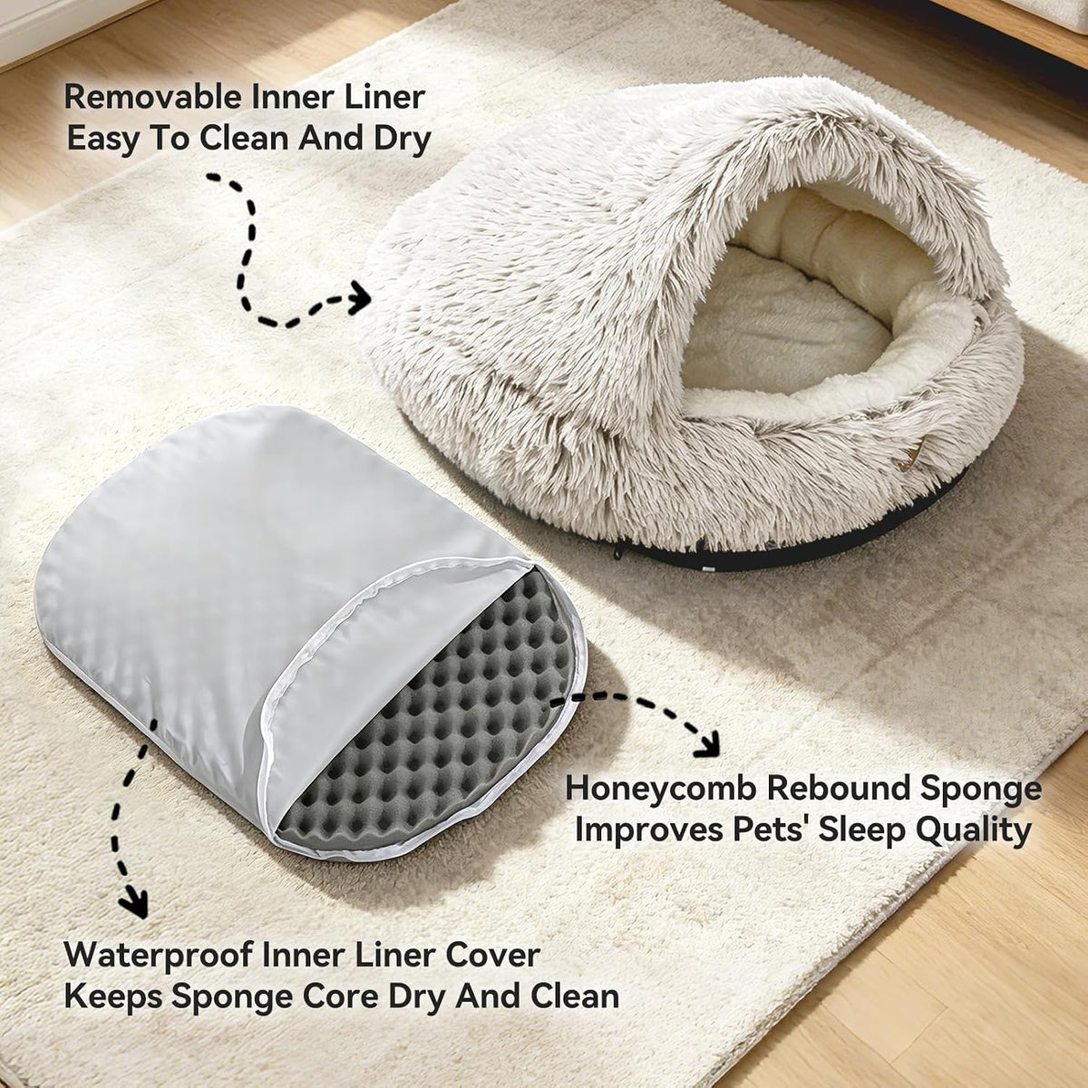 YooxArmor Round Covered Cat Bed Cave Dog Bed for Small Medium Pets,Brown,S