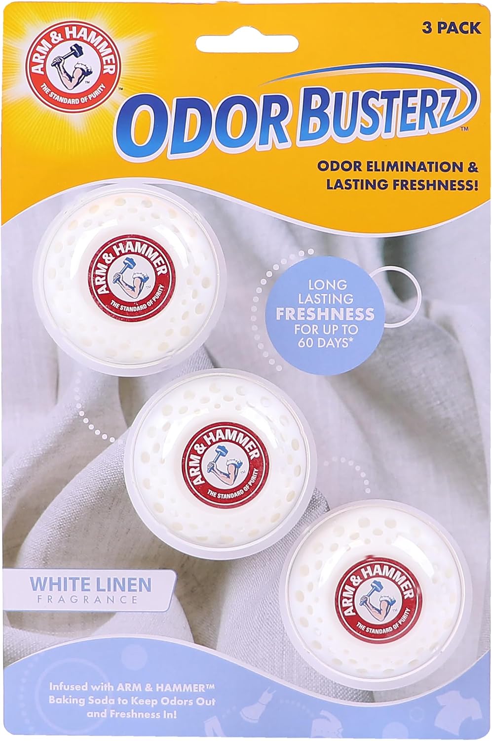 Arm & Hammer OdorBusterz® Odor Eliminator Balls, White Linen, Baking Soda Odor Control for Closets, Drawers, Hampers & Small Spaces, 1 Count (Pack of 36)