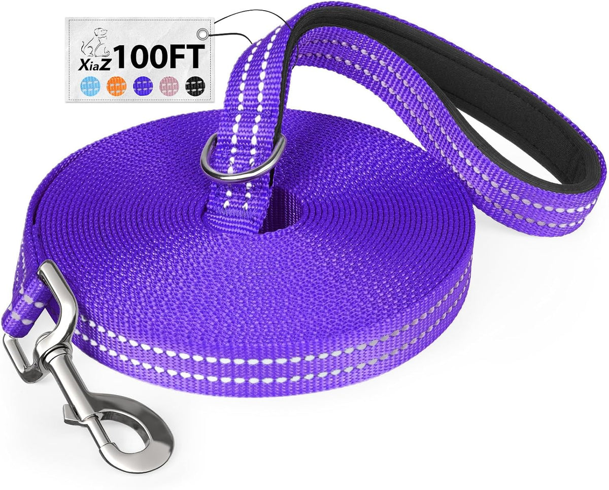 Long Dog Leash XiaZ Training Leashes 10/15/20/30/50/100ft Long Lead for Dogs 100ft Training Leash for Outside Purple 100 Foot Nylon Padded Handle Reflective Hiking Yard