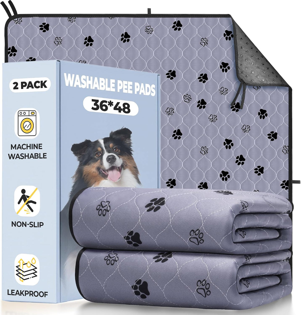Fostanfly Washable Pee Pads for Dogs, Ultra-Absorbent, 36"x48"-2 Pack, Gray | Waterproof, Protects Against Urine Leakage, Reusable Puppy Pads, Non-Slip Grip for Dog Potty Training with 8 Tie Straps