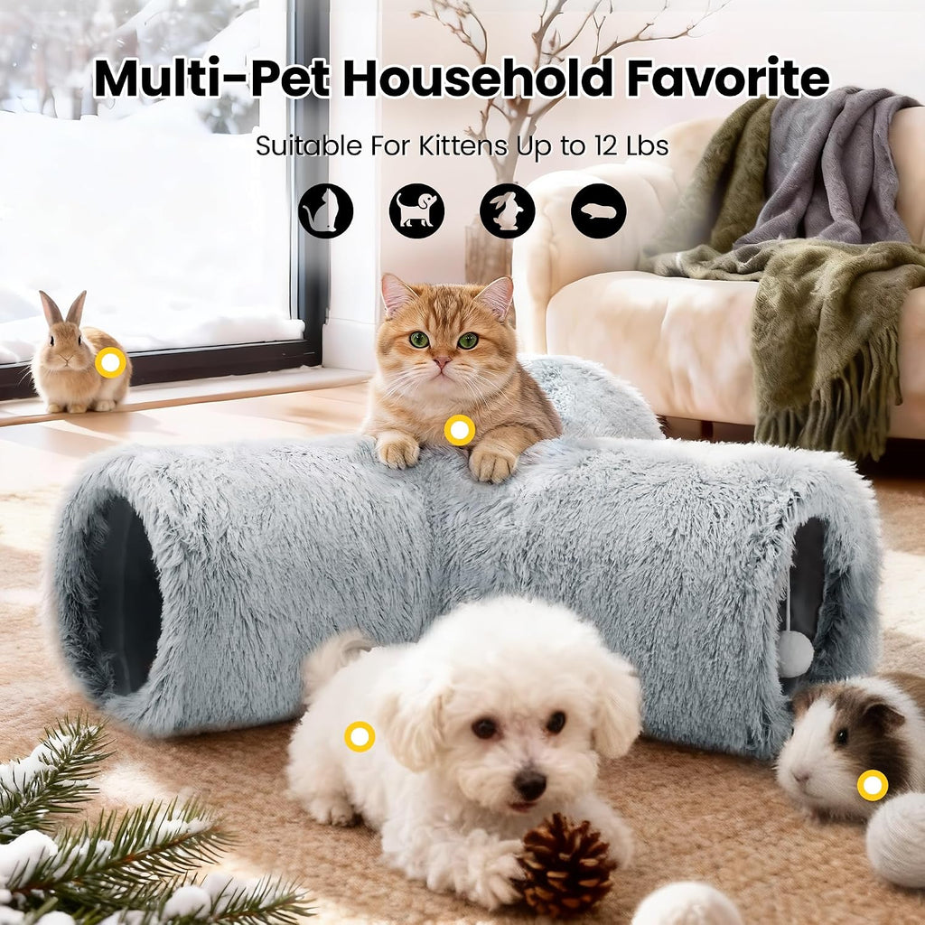 Tempcore Plush Cat Tunnel, 3-Way Collapsible Toy for Indoor Cats, Grey | Plush Fabric Creates a Soft Play Space for Cats, with 3-Way Tunnels, Peek Holes, Hanging Ball and Teaser Wand for Interaction