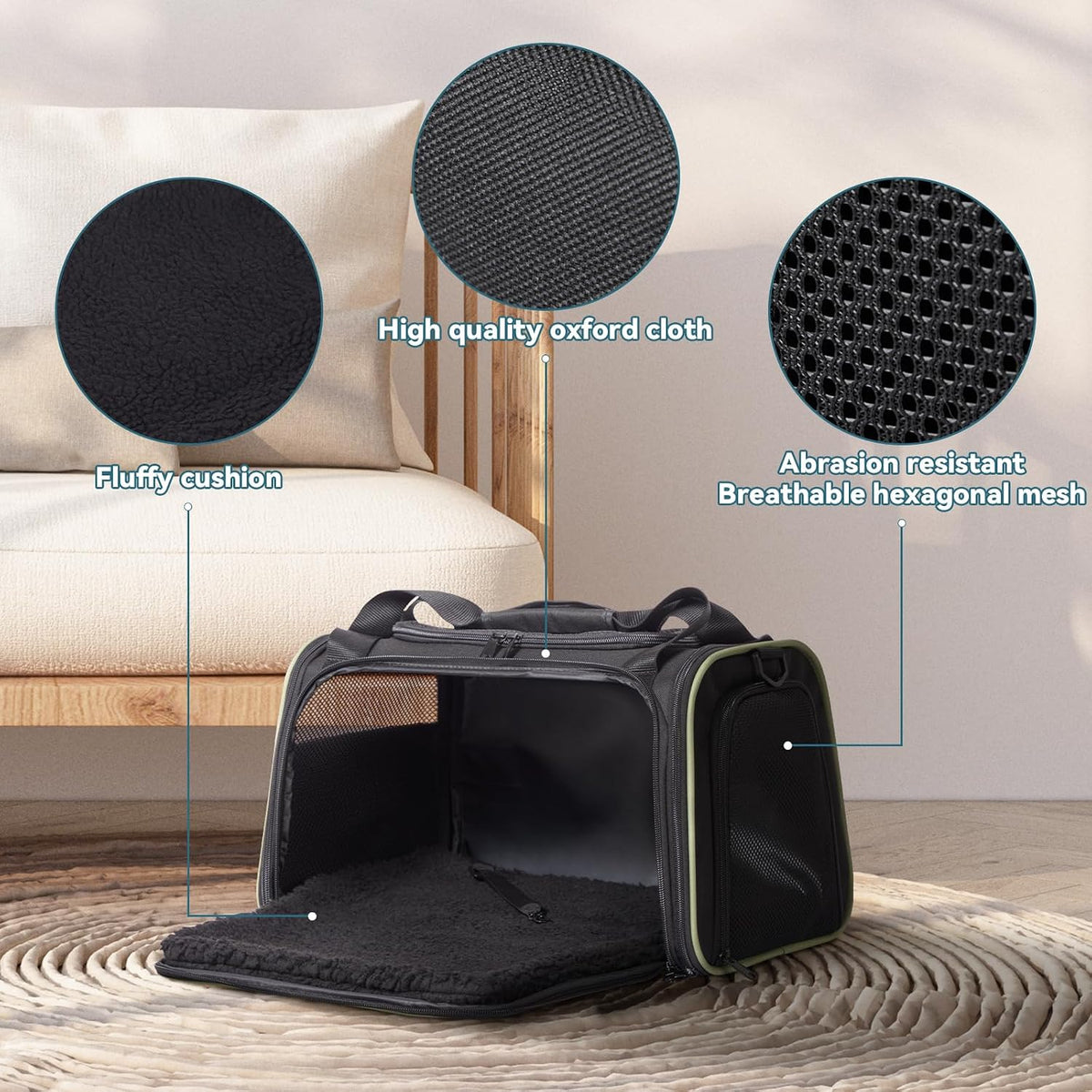 PETSFIT Pet Carrier Airline Approved with Extendable Mat, Dog Carriers for Small Dogs, TSA Approved Pet Carrier, Puppy Carrier for Small and Medium Cats Under 12 Lbs, Black