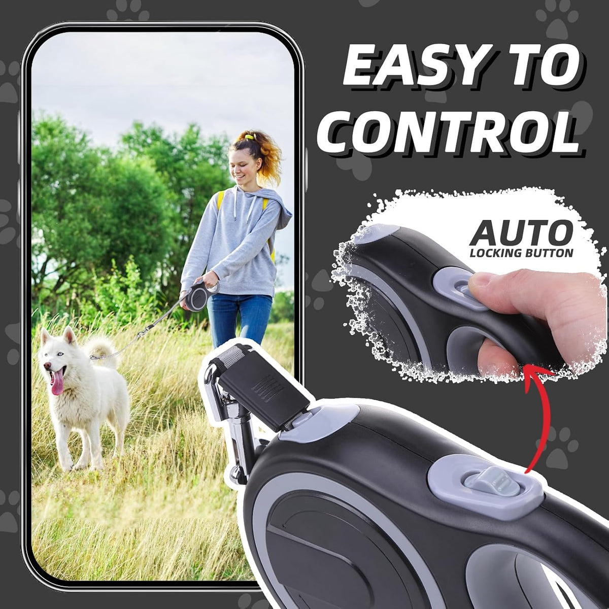 PUPTECK Retractable Dog Leash with Detachable Chew Proof Cable, Black, 26ft