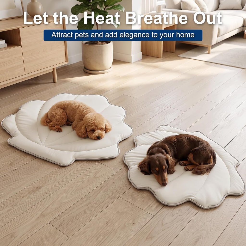 Shell Shaped Pet Cooling Mat, Milky White 30" x 34" Washable Foldable Breathable Dog Pad for Indoor Outdoor Crate Travel