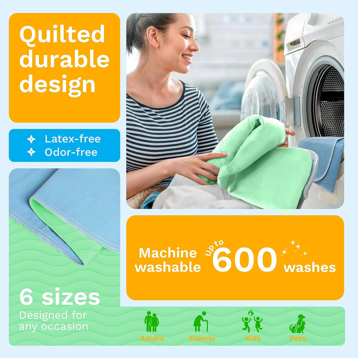 GREEN LIFESTYLE® Washable Underpads - Heavy Absorbency Reusable Bedwetting Incontinence Pads for Kids, Adults, Elderly, and Pets - Toddler Mattress Pads for Bed, Sofa, Couch, Floor (Pack of 6 - 34x36)