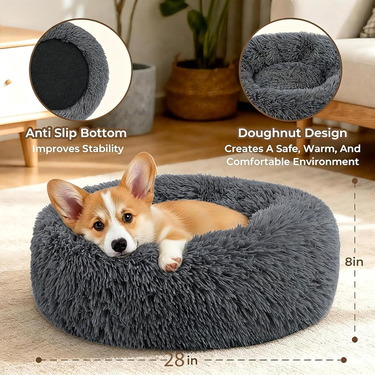 Calming Large Donut Dog and Cat Bed, Anti-Anxiety Round Soft Fluffy Plush Faux Fur Washable Anti-Slip Pet Bed for Medium Dogs Up to 35 lbs 28in Dark Gray