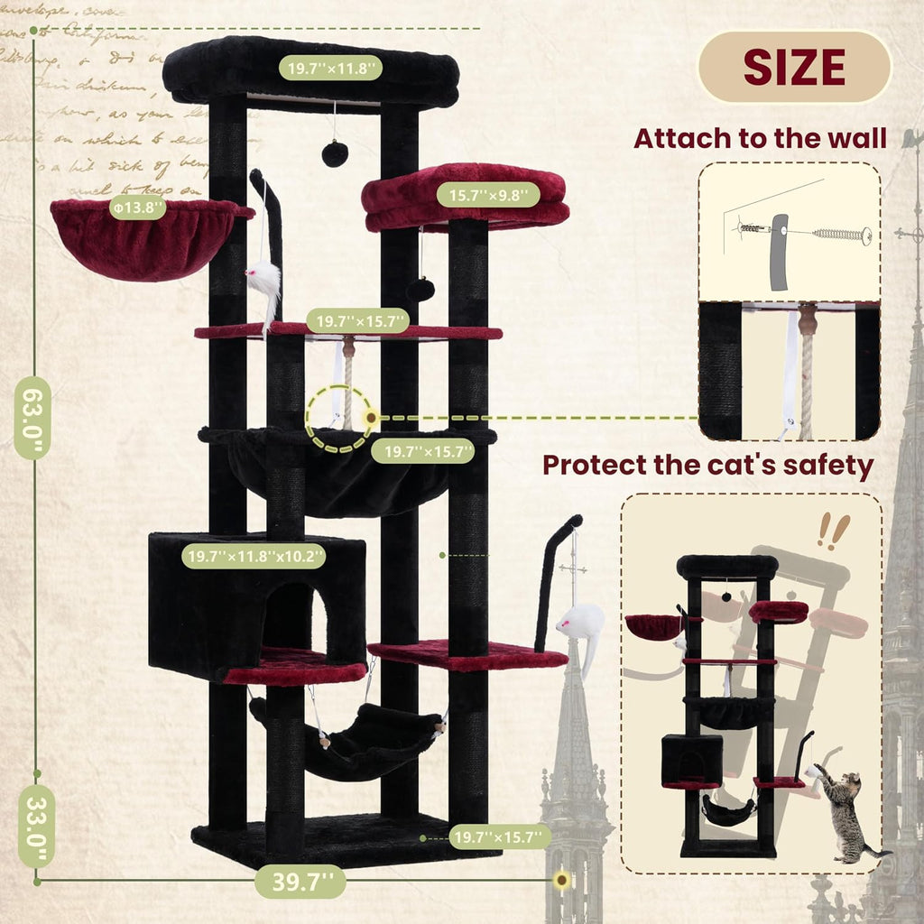 Gitelsnour Cat Tree, 63'' Cat Tower for Large Cats, Big Hammock GCT020BR