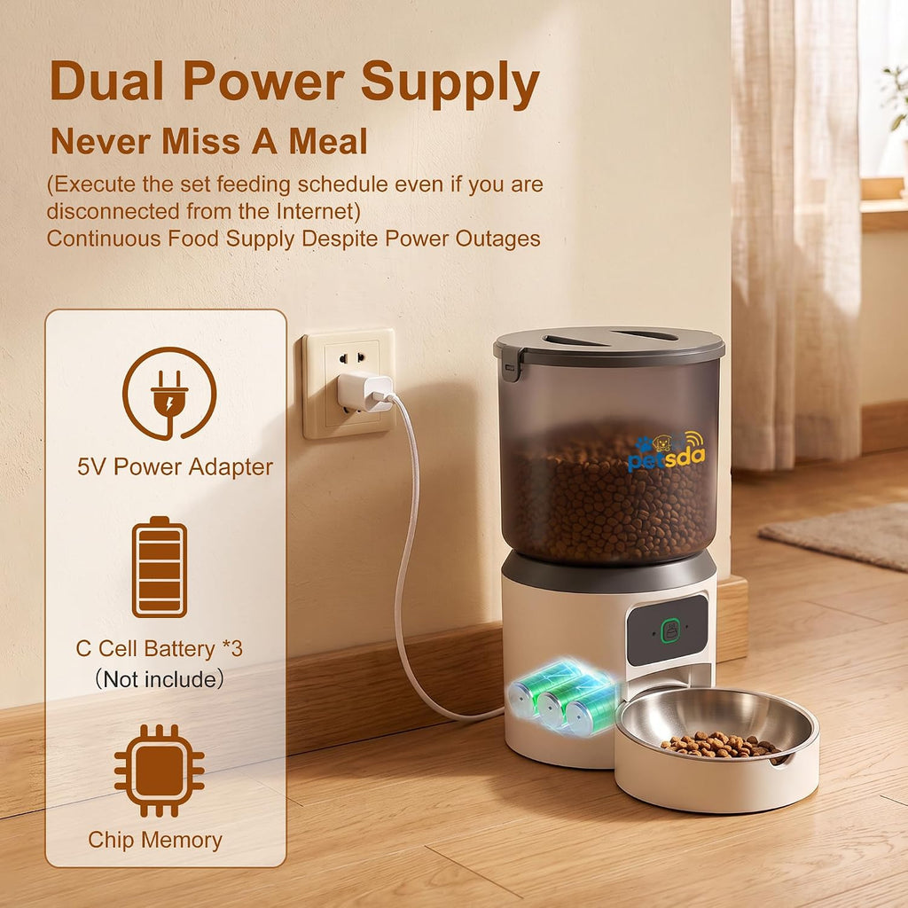 Automatic Cat Feeders 4L Timed Dry Food Dispenser WiFi 10 Meals Programmable 1-12 Portion Per Day with APP Control Dual Power Supply with Stainless Bowl for Multi-Pet Easy Clean
