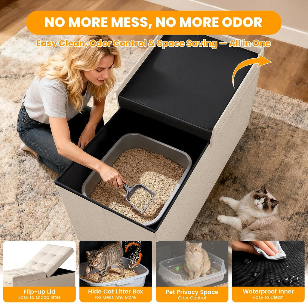 3-in-1 Cat Litter Box Enclosure Furniture, XX-Large, Beige